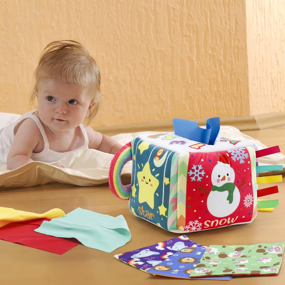 Vamotto Tissue Box Toy for Baby Montessori Sensory Pull Toy with 12 Durable Cloth Scarves & Crinkle Paper for 6-12 Months Infants - Image 2