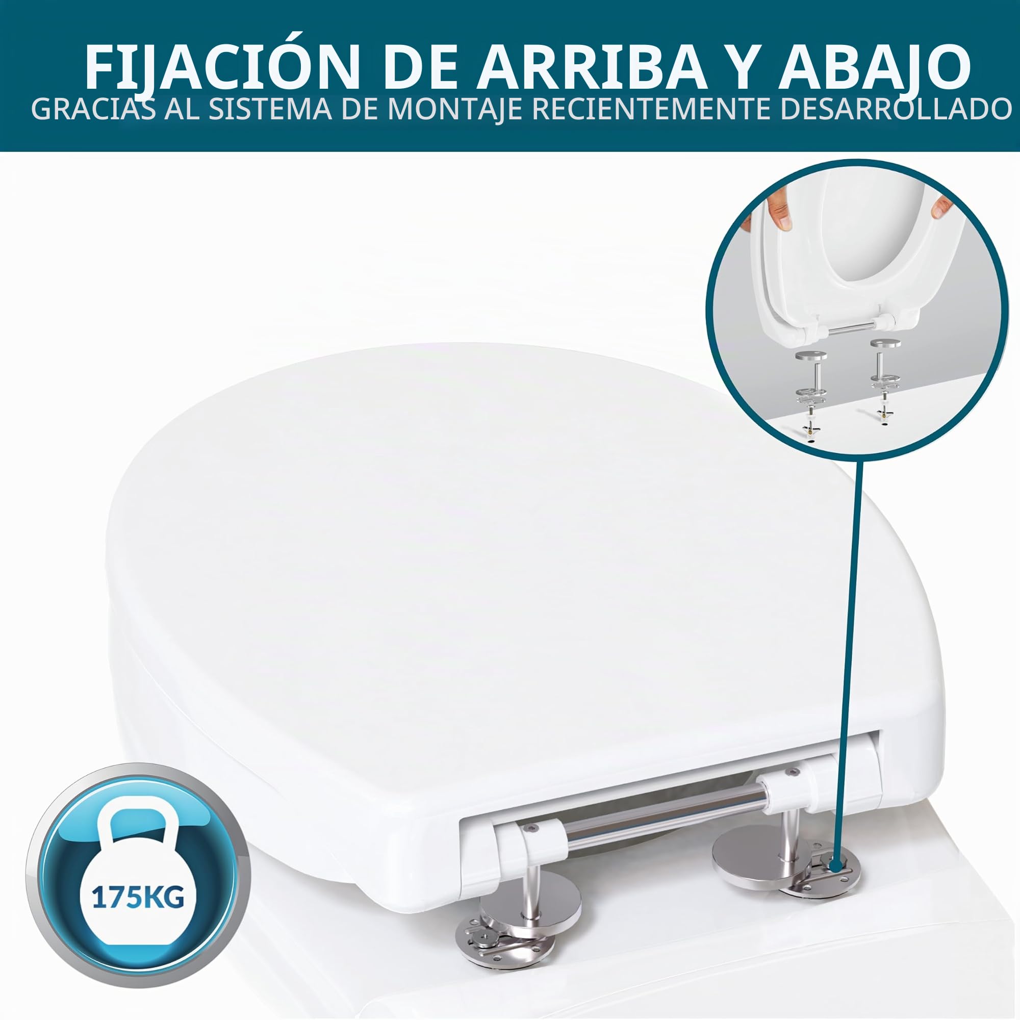 Elevador de Inodoro 5 cm Duroplast, Fijación Superior e Inferior | Asiento Elevado con Descenso Automático para Sentarse Cómodamente, Soporta hasta 175 kg, con Fijación Superior e Inferior