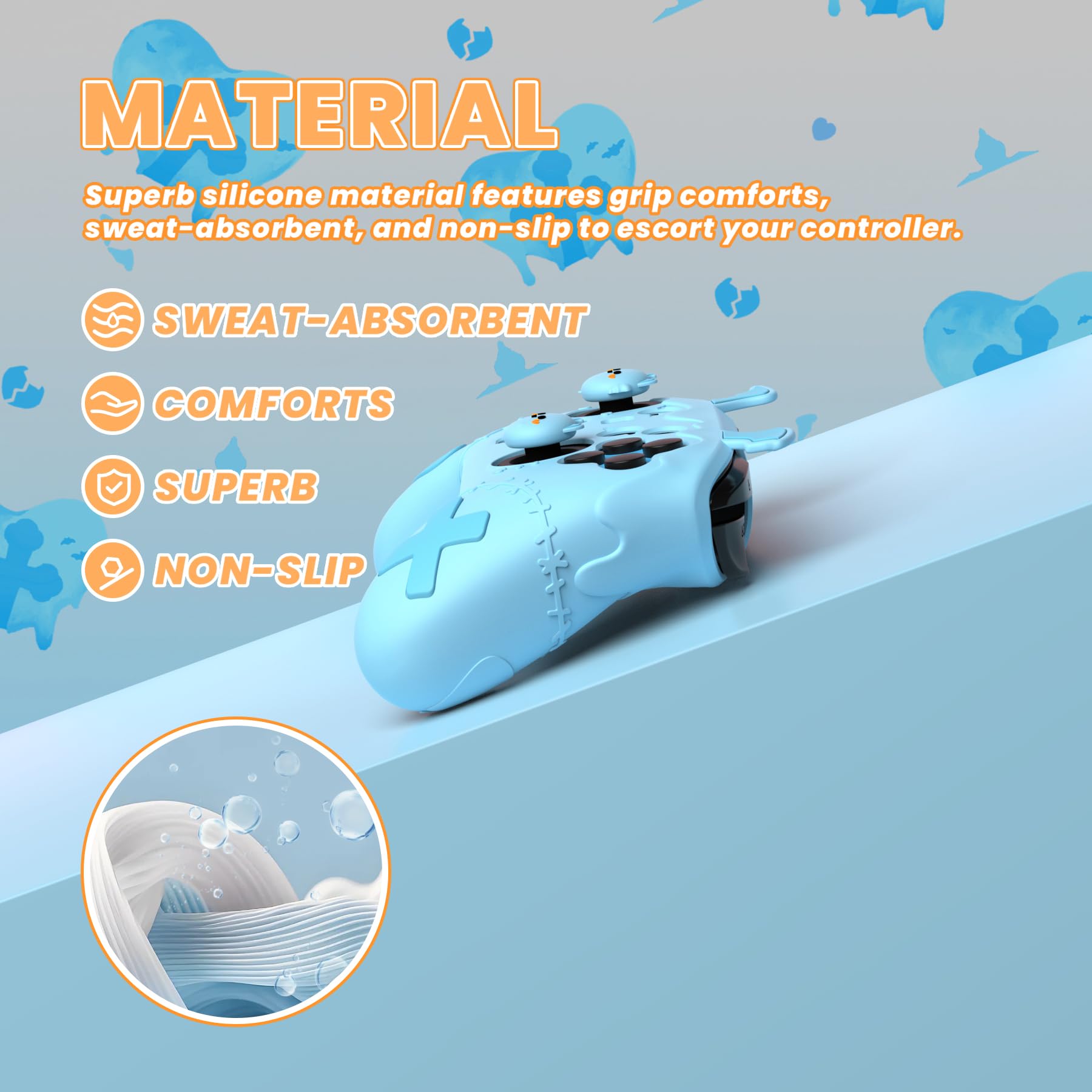 playvital Cover Silicone per Nintendo Switch 1 PRO Controller Custodia Joystick Skin Antiscivolo Protettiva Carina, 4 Copri Levette Analogiche & 2 Adesivi, Serie Imp Gotico, Acqua Blu