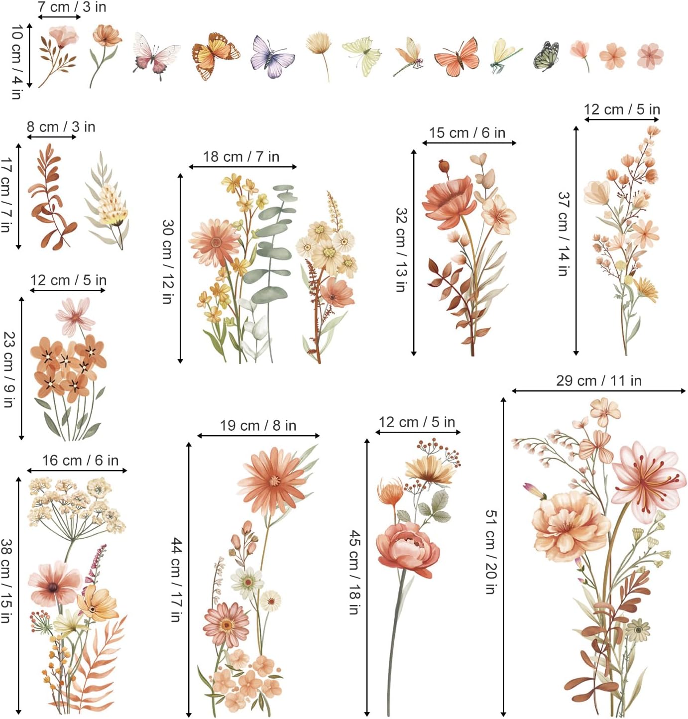 wondever Boho Wildflower Wall Stickers Garden Flowers Grass Peel and Stick Wall Art Decals for Living Room Girls Room Bedroom