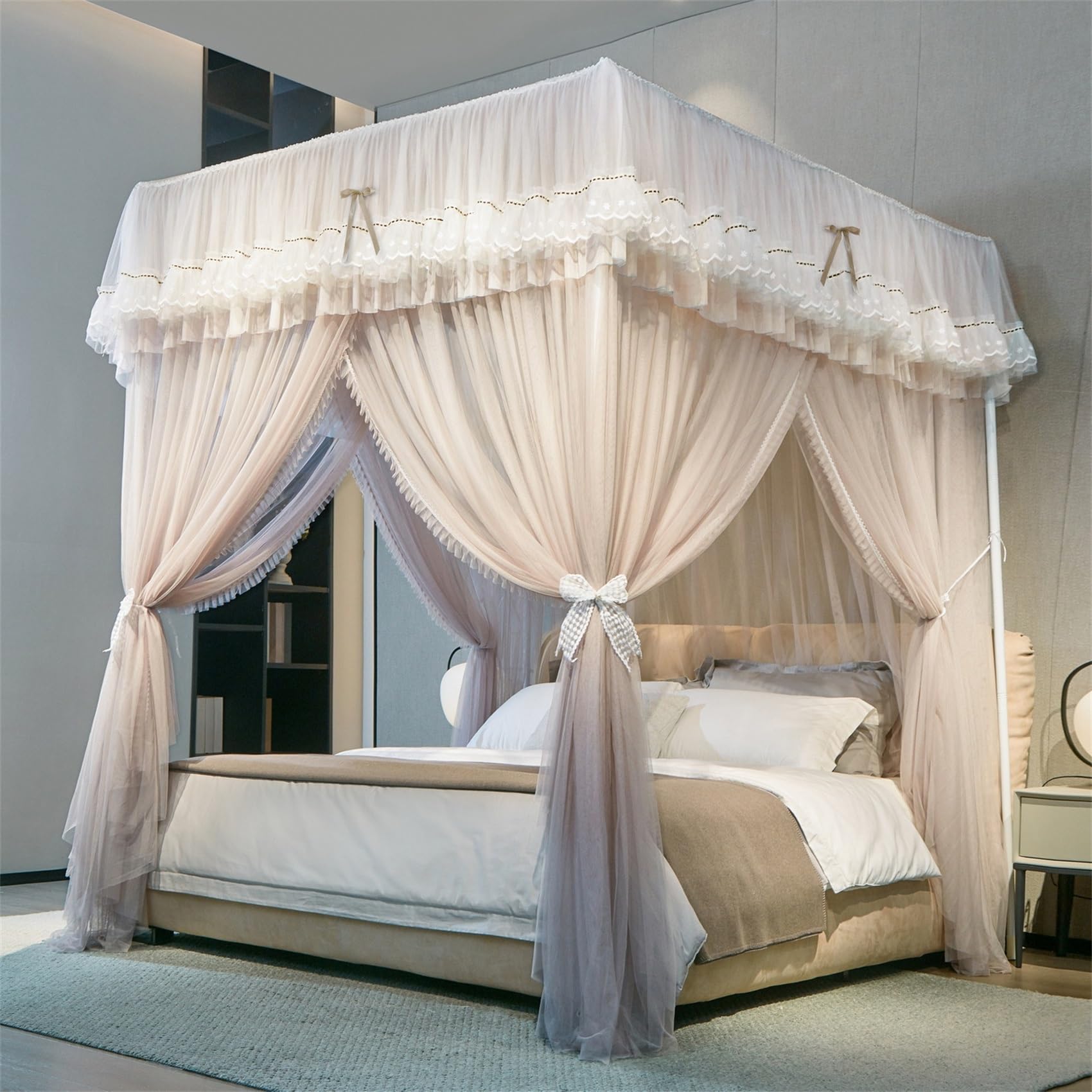 GUOIOOI Canopy Bed Curtains 4 Corners Post Ruffle Lace bow Princess Bed Canopy with Removable Blackout Top,Double‑Layer Cozy Drape Netting 3‑Side Opening for Queen/Full Bed(Brown,FULL/1.5x2M)