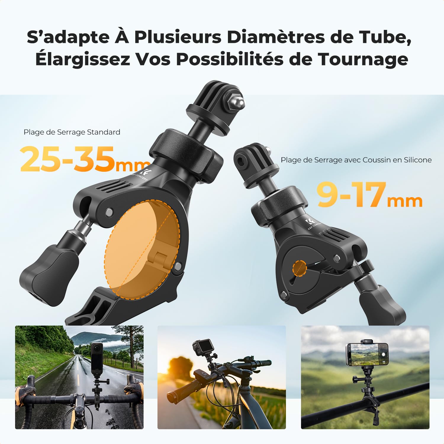 K&F Concept Support Guidon Vélo pour Caméra Sport avec Vis 1/4" | Fixation robuste pour vélo et moto, compatible avec caméra d'action, pour capturer vos aventures en mouvement - MS69