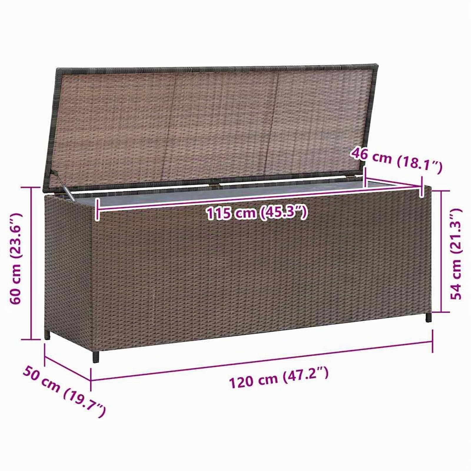 Baule da Giardino in Polyrattan Marrone, con Meccanismo di Sollevamento a Gas, 120x50x60 cm, Acciaio Verniciato e Rivestimento in PE, Cassapanca per Cuscini Esterni e Oggetti da Patio per Uso All'Aper
