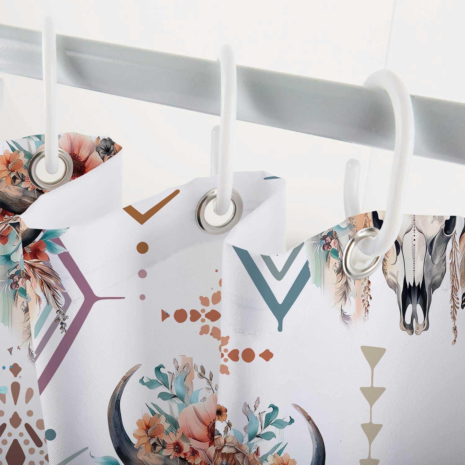 Western Bull Skull Shower Curtain, Retro Cow Longhorn Skull Flower Head Bathroom Curtain, Boho Farmhouse Waterproof Polyester Shower Curtain Set,72x72 Inch