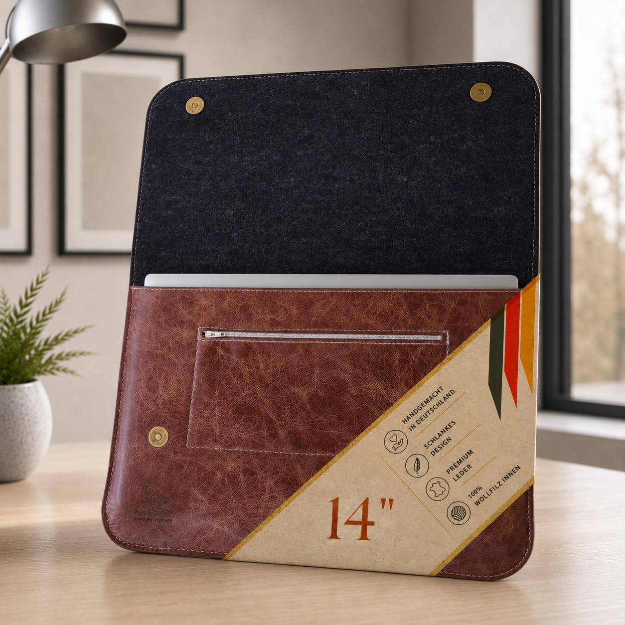 Centaur Custodia per laptop di alta qualità in vera pelle italiana e 100% feltro di lana, realizzata in Germania, elegante custodia con scomparto extra, custodia protettiva per notebook da 14