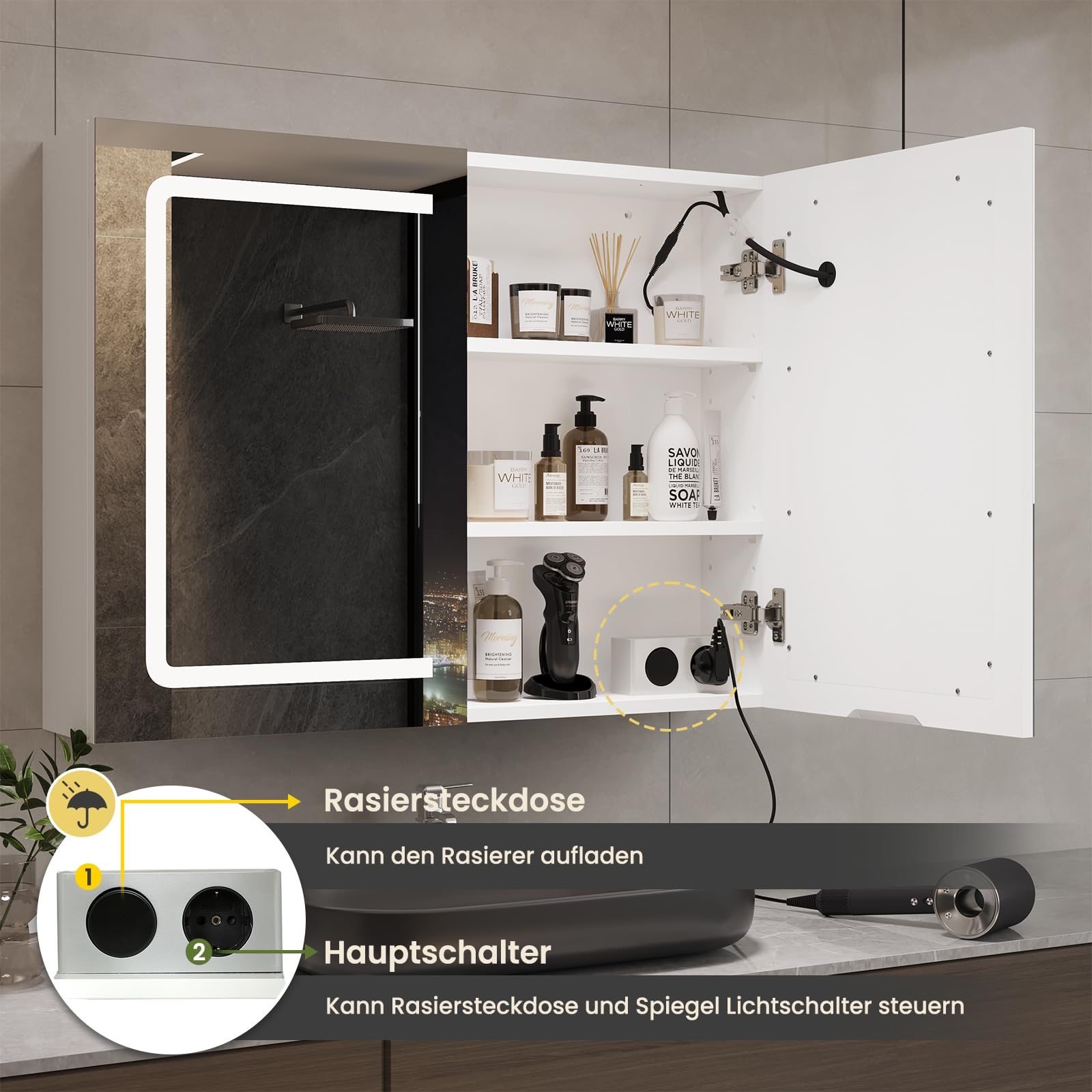 DICTAC Badezimmer spiegelschrank mit Beleuchtung 80x60x16cm Spiegelschrank Bad mit LED und Steckdose 80 cm Breit Doppeltür Badschrank mit Spiegel und Ablage,Hängeschrank,Berührung Sensorschalter,Weiß