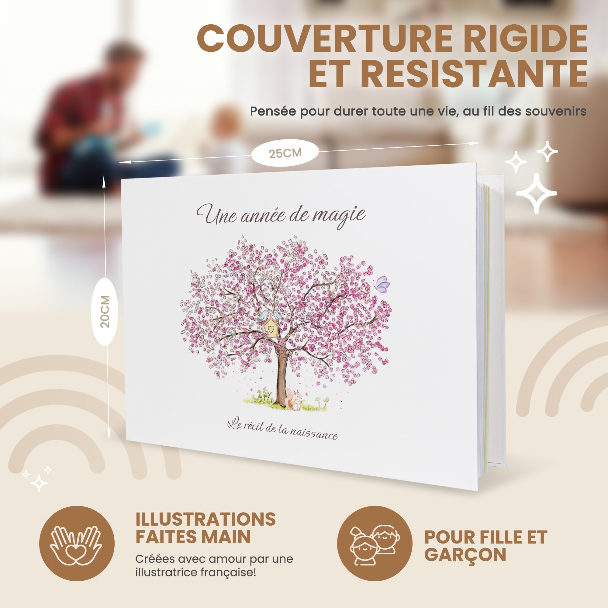 Livre de naissance bébé avec Clé Usb pour les souvenirs numérique et Pochon pour la 1ère tenue- Album Photo Bebe 116 pages pour coller vos photos et écrire - Idéal Cadeau naissance fille et garçon