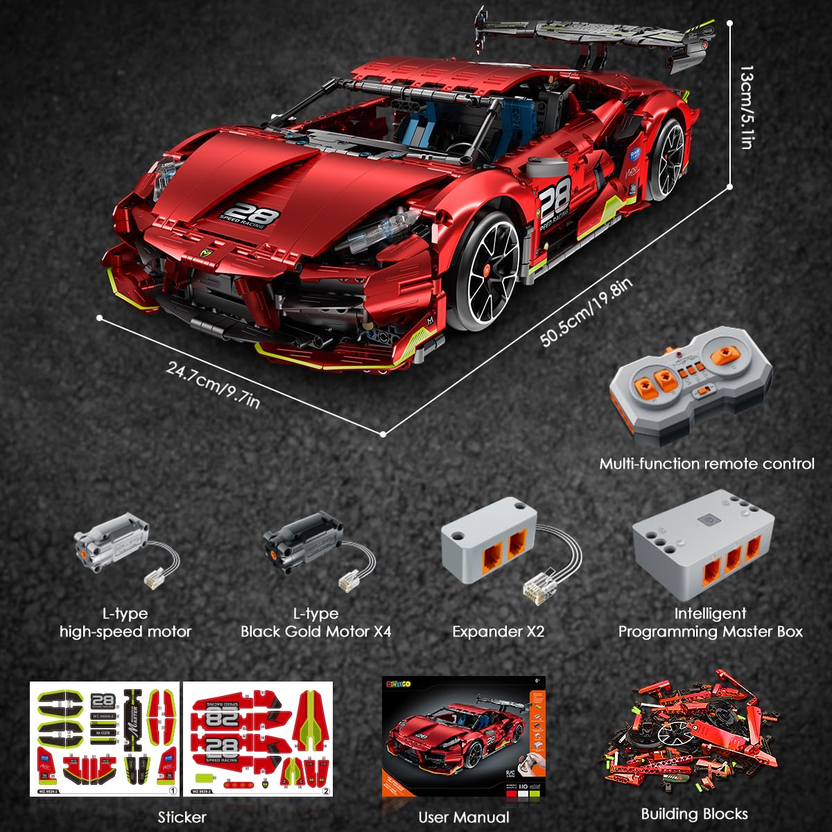 HiWEEGO Technique Kit de Construction de Voiture Télécommandée – Échelle 1:10 2,4 GHz Rechargeable Drift Voiture de Course 2202 Pièces Modèle de Voiture de Course Jouet de Construction pour Enfants