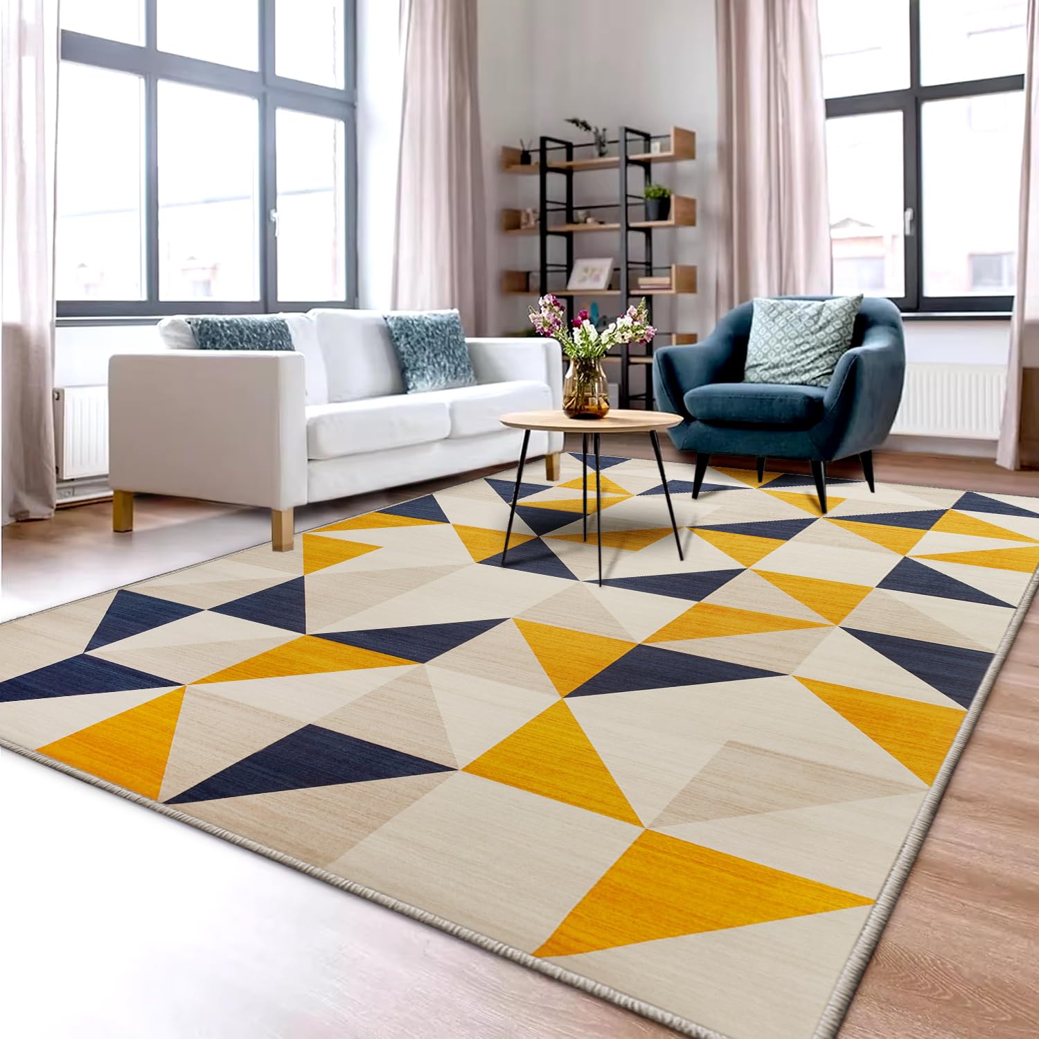 Aspire Homeware Rugs Living room 120 x 170 Anti Slip Geometric Style Bedroom Rug – Soft Easy to Clean Carpets for Nursery Room, office – Non-Shedding Large Yellow Area Rugs for Lounge(Brio)