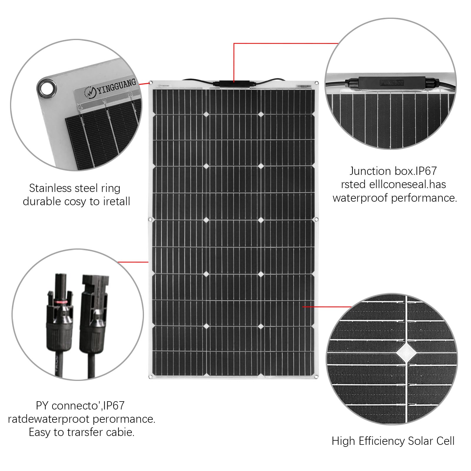 Panel słoneczny 100W 18V Elastyczny Moduł solarny Monokrystaliczna ładowarka solarna do niezależnego od sieci systemu/instalacji wyspowych/przenośnej