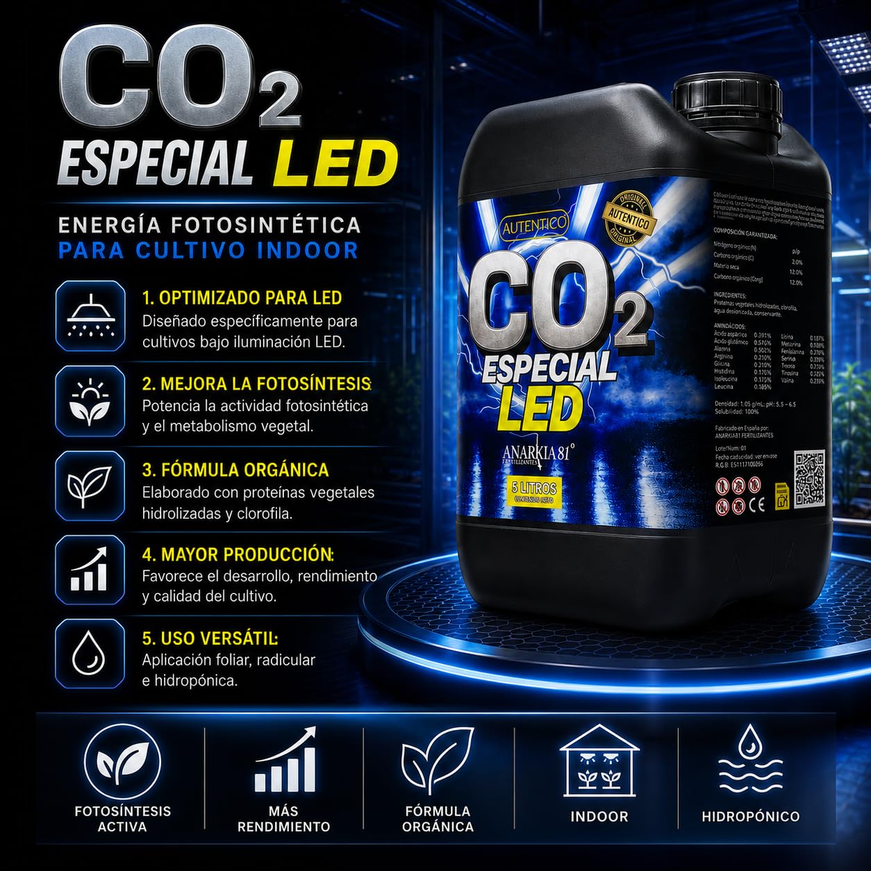 CO2 Especial LED 5 L – Fertilizante Orgánico Líquido para Cultivo Indoor con Iluminación LED - Anarkia81