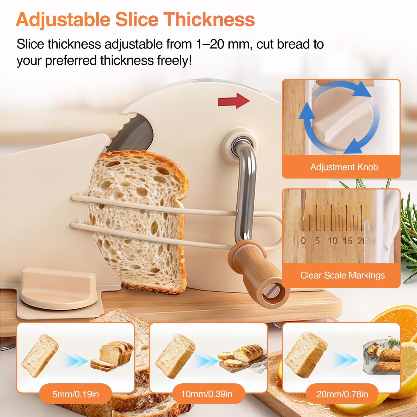 Affettatrice per il pane manuale con manovella, spessore dei fette selezionabile in modo continuo 1-20 mm, base pieghevole, lama affilata in acciaio inox, base pieghevole, per pasta acida, segale