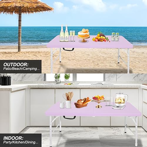 Miniatura 83 de Mesa plegable de plástico portátil de 4 pies/6 pies/8 pies, mesa de comedor de picnic blanca y negra, plegable por la mitad para campamento, fiesta