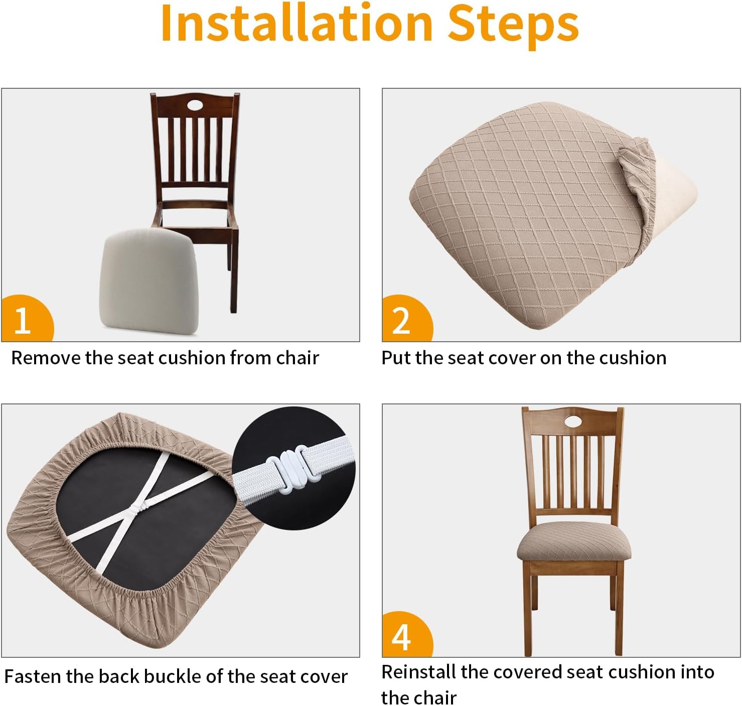Fuloon Stretch Chair Seat Covers 6 PCS, Removable Washable Dining Chair Covers Anti-Dust Dining Room Seat Cushion Slipcovers (6, Khaki)
