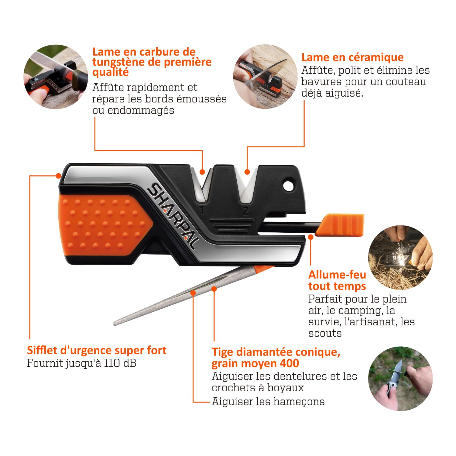 SHARPAL 101N Affûteur pour couteaux de poche et outil de survie 6 en 1, avec un allume-feu,tige d’affûtage diamantée et sifflet, aiguise et polit tous les couteaux d'extérieur et de cuisine