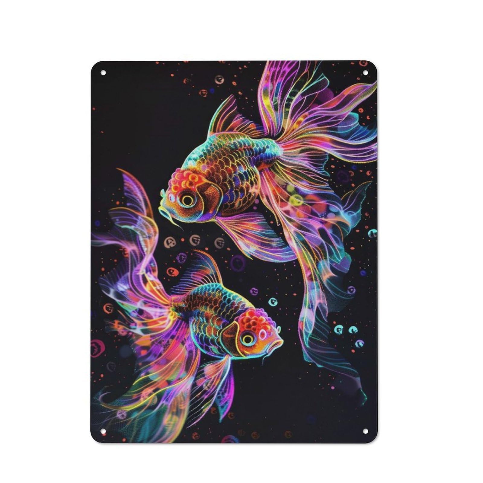 Junmoney Style-10 Neon Goldfish Pair On Black Rustic Metal Sign 40X30cm, Barn Style Farmhouse Wall Decor For Kitchen, Cottage, Porch Or Garden Room