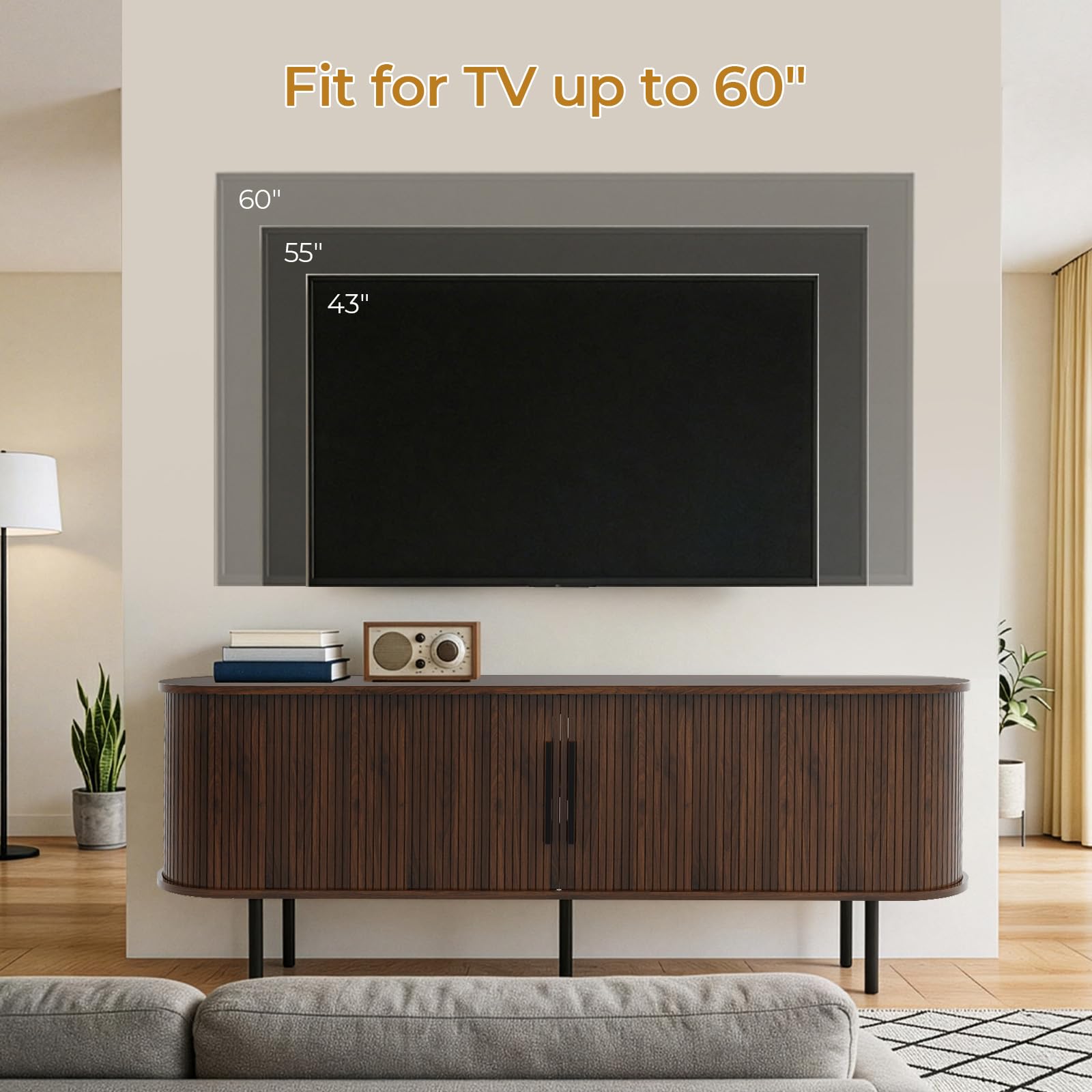 LEADZM Meuble TV avec 2 Portes Coulissantes Étagère Ajustable pour Salon et Chambre à Coucher, Style à lamelles Verticales, 147 x 35 x 58 cm (Noyer)