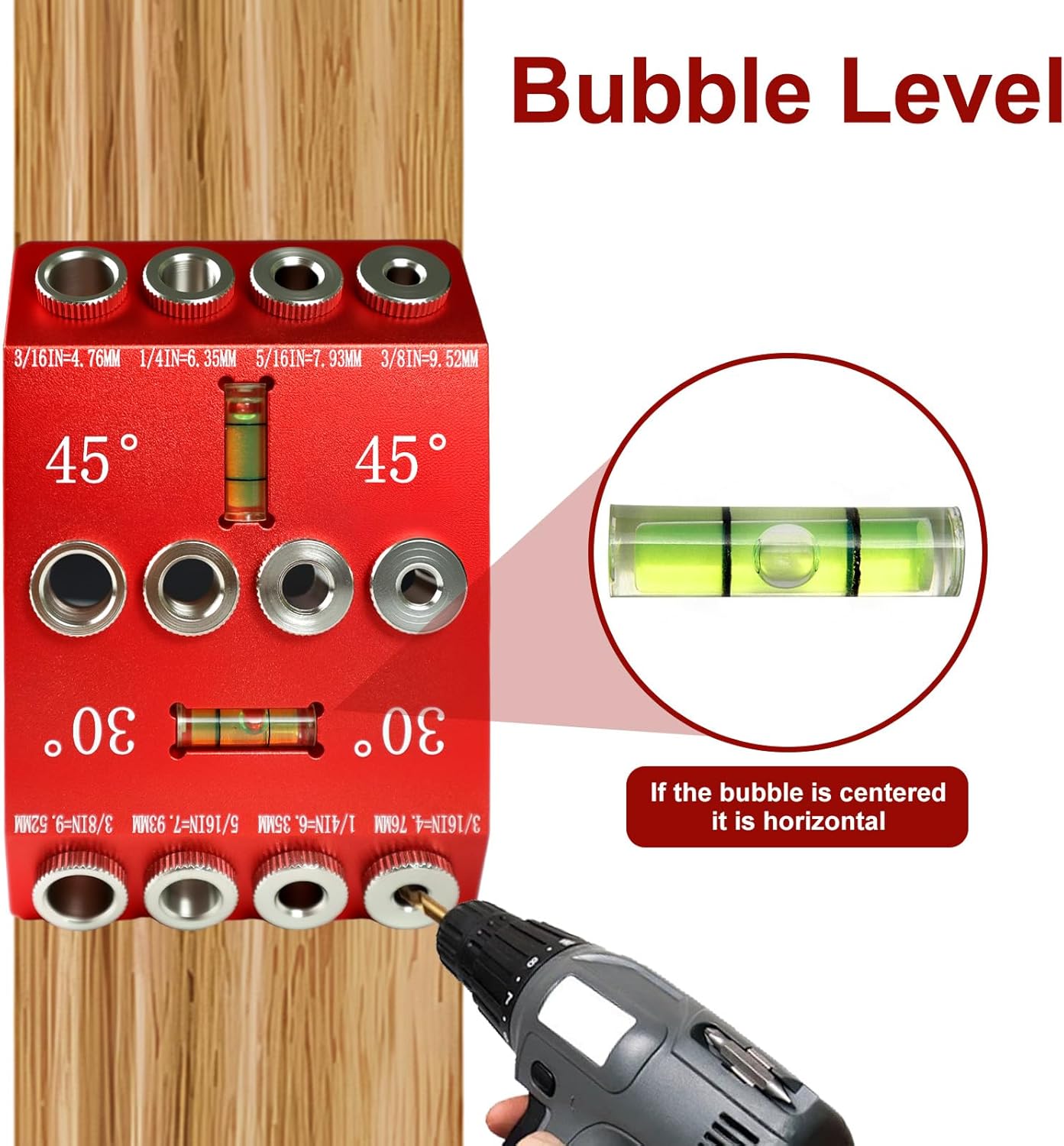 30/45/90° Angle Drill Guide Jig, Drill Guide for Straight or Angled Holes with Bubble Level, Portable Metal Drill Guide for Wood, Deck Railings, Posts, Includes 4 Drill Bits