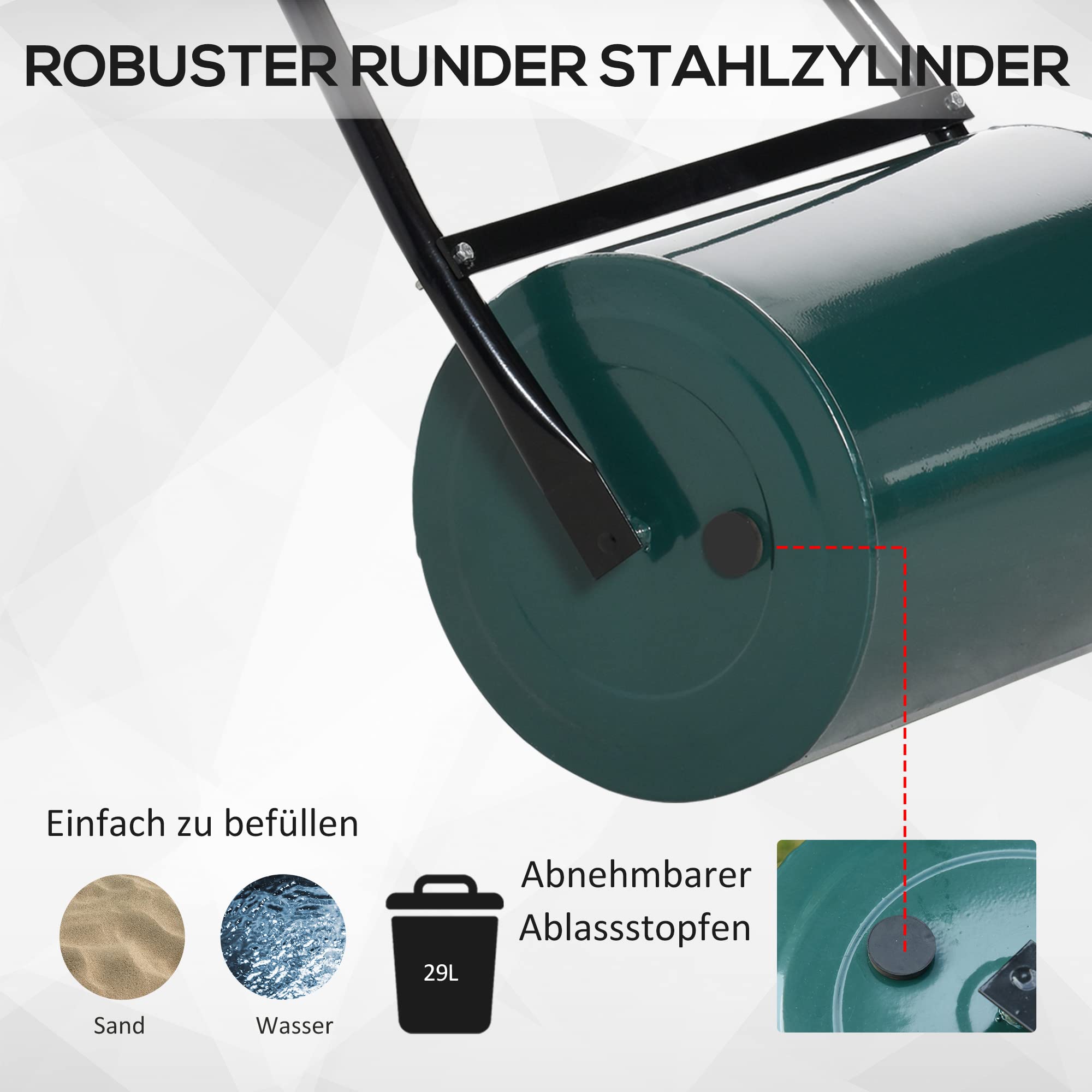 Outsunny Rasenwalze mit U-Griff 31 cm Durchmesser 30 cm Arbeitsbreit Grün | Gartenrolle, Gartenwalze, 40 L Wasser-/Sandfüllunge, Metall