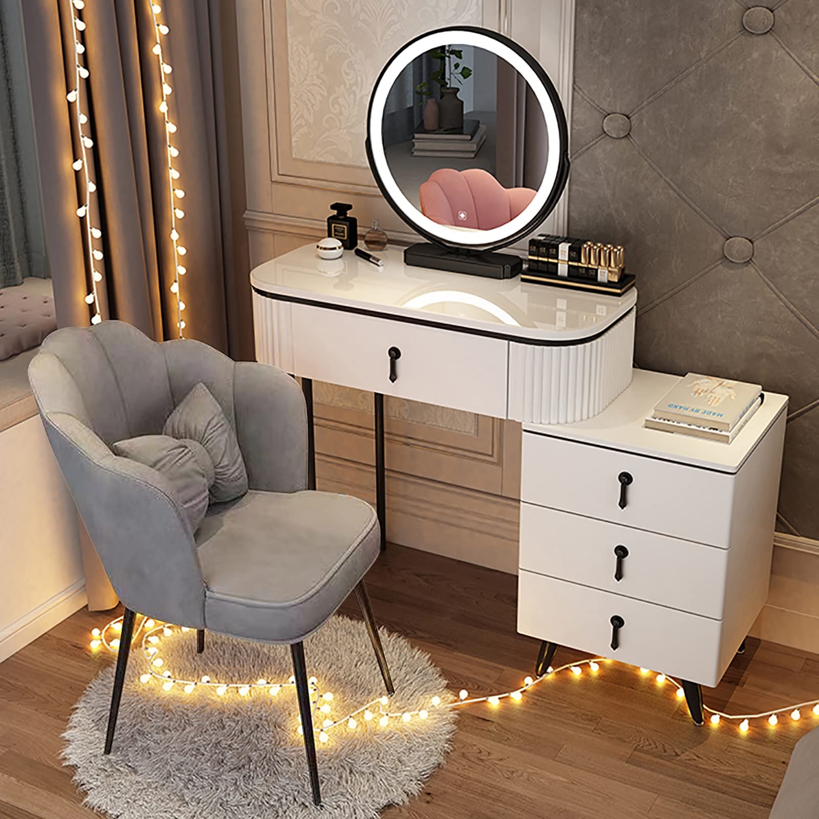 asdchZen Modern Vanity Desk Set With Led Lights Adjustable Cabinet And Cushioned Stool 3 Lighting Modes Ideal For Home Bedroom Studio,White+black-80cm/31.5in
