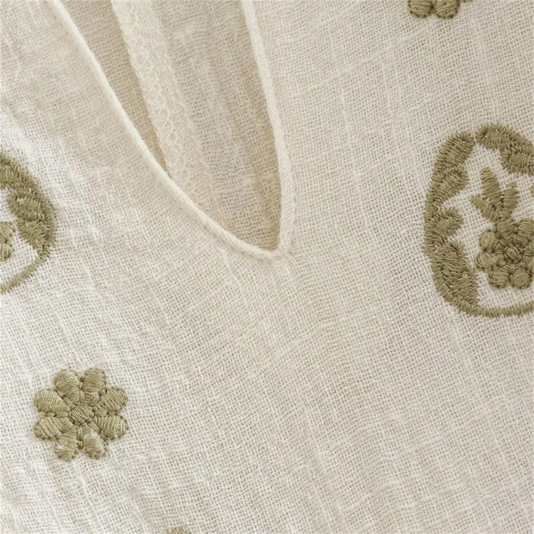 Camicia estiva da donna con scollo a V, maniche a lanterna, ampia, con fiori ricamati, in cotone