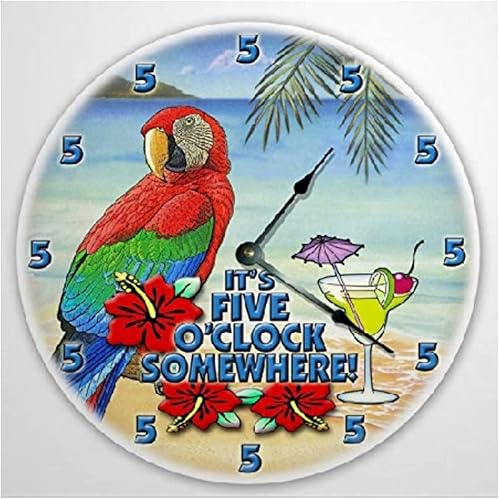 Reloj de pared tropical de playa de 5 en punto, reloj de madera de loro de 10 pulgadas, silencioso sin tictac, funciona con pilas, para sala de
