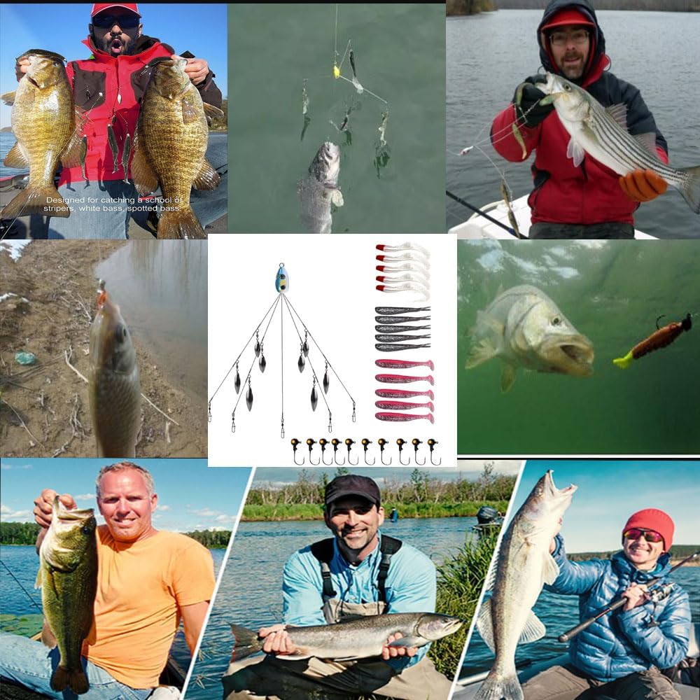Alabama Rig Kit 5 Arms Alabama Umbrella Rig Bass Fishing Kit a Rig Fishing Lures Bait Rigs with Pre-Rigged Paddle Tail Swimbaits Boat Trolling Willow Blade Multi-Lure Rig