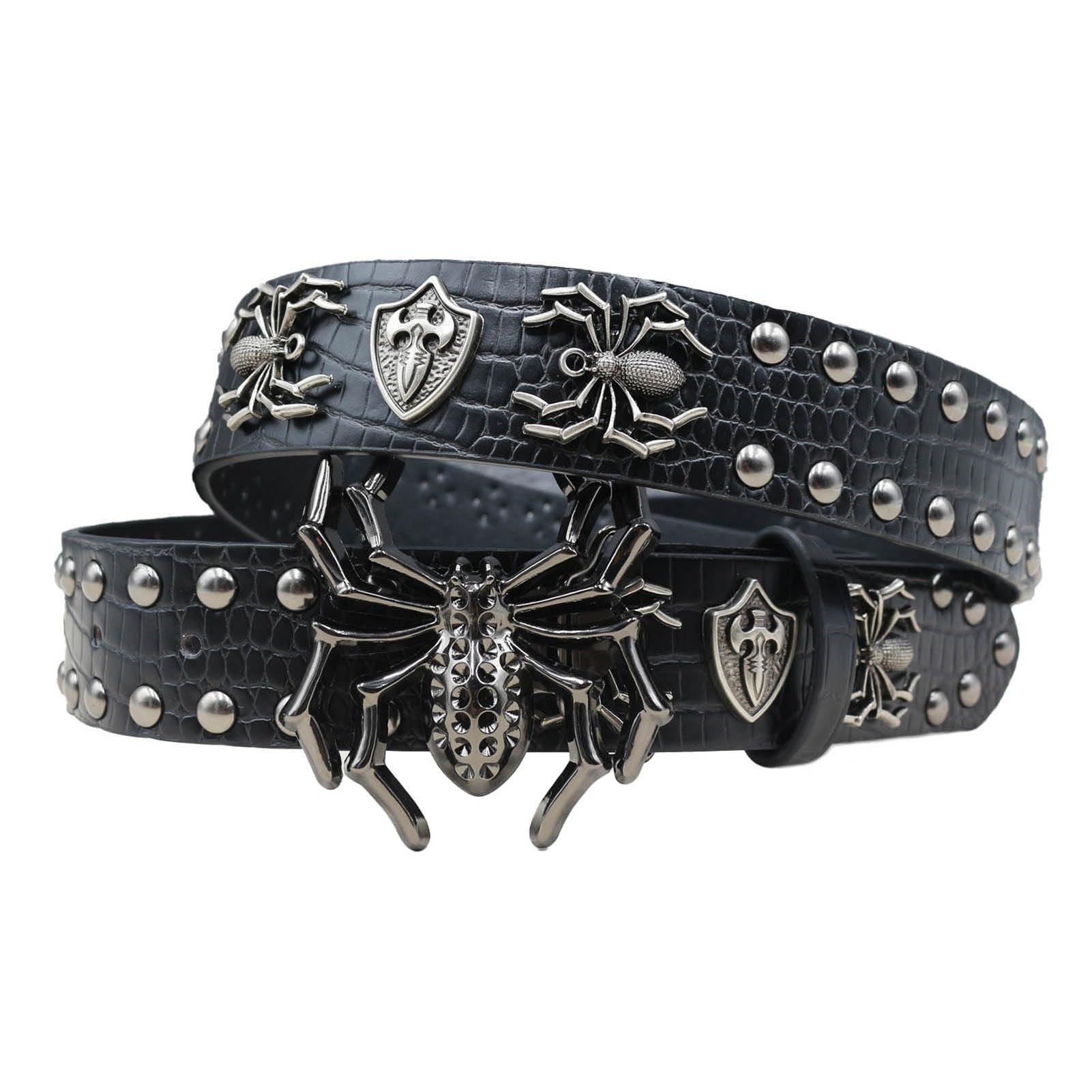 Surrycee Black,105cm/waist:34"~36", Studded Belt Punk Rock Rivet Belt PU Leather Gothic Goth Black Belt With Spider Buckle for Men Women Gift, 38mm Wide