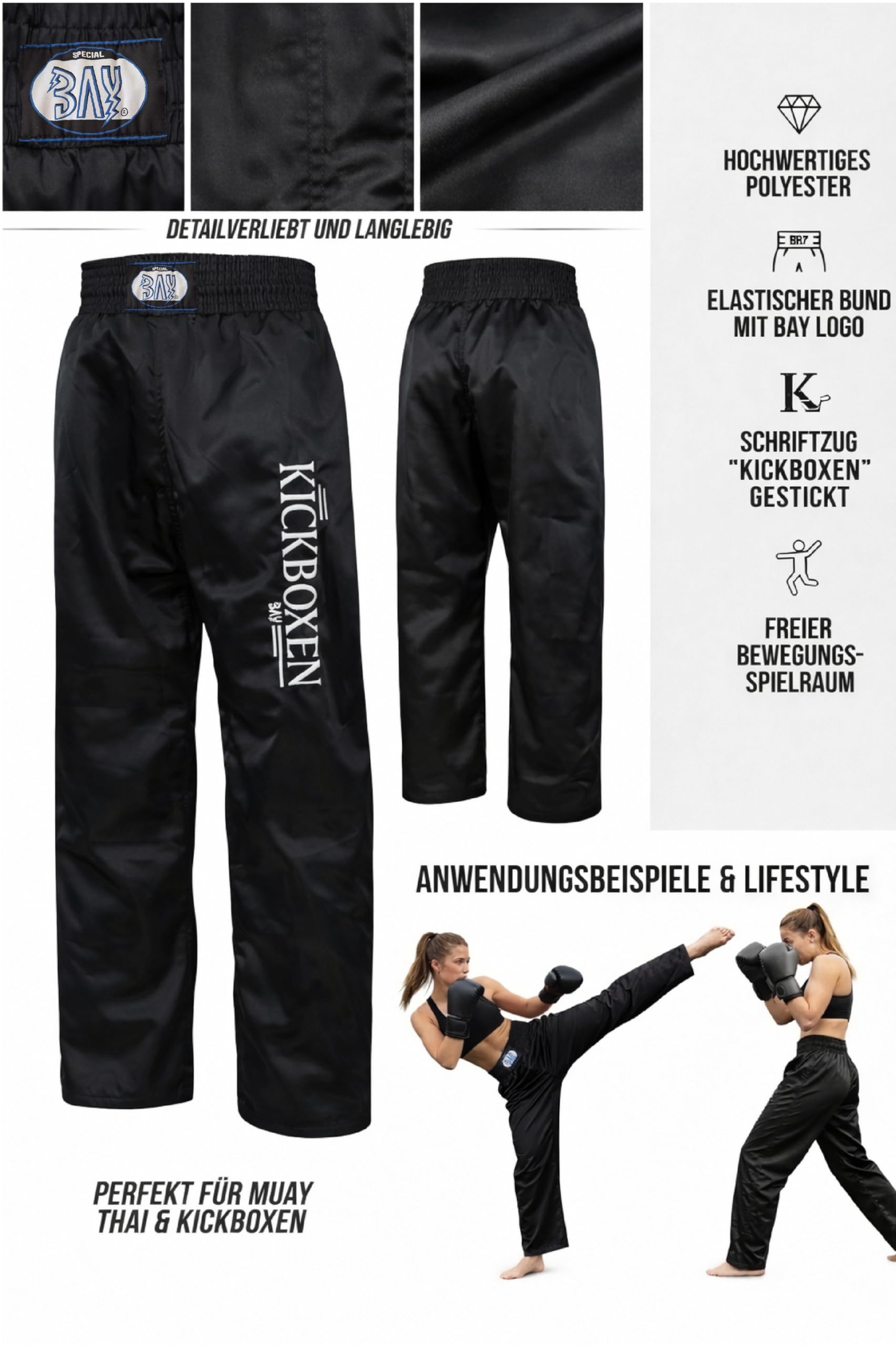 BAY Edel Stick Kickboxhose Kampfsporthose Schwarz lang Polyester gestickter Schriftzug Kickboxen Größen 6XS - XXL