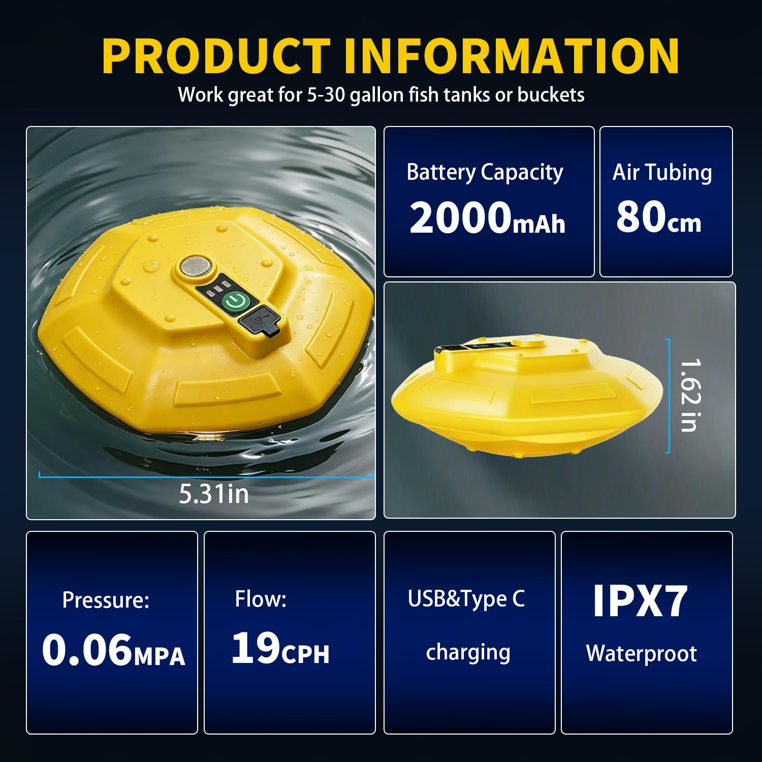Aireador flotante para cubo de cebo burbujeante, IPX7, impermeable, recargable, pececillo vivo, aireador con carga magnética, aireador portátil para sujeción de peces