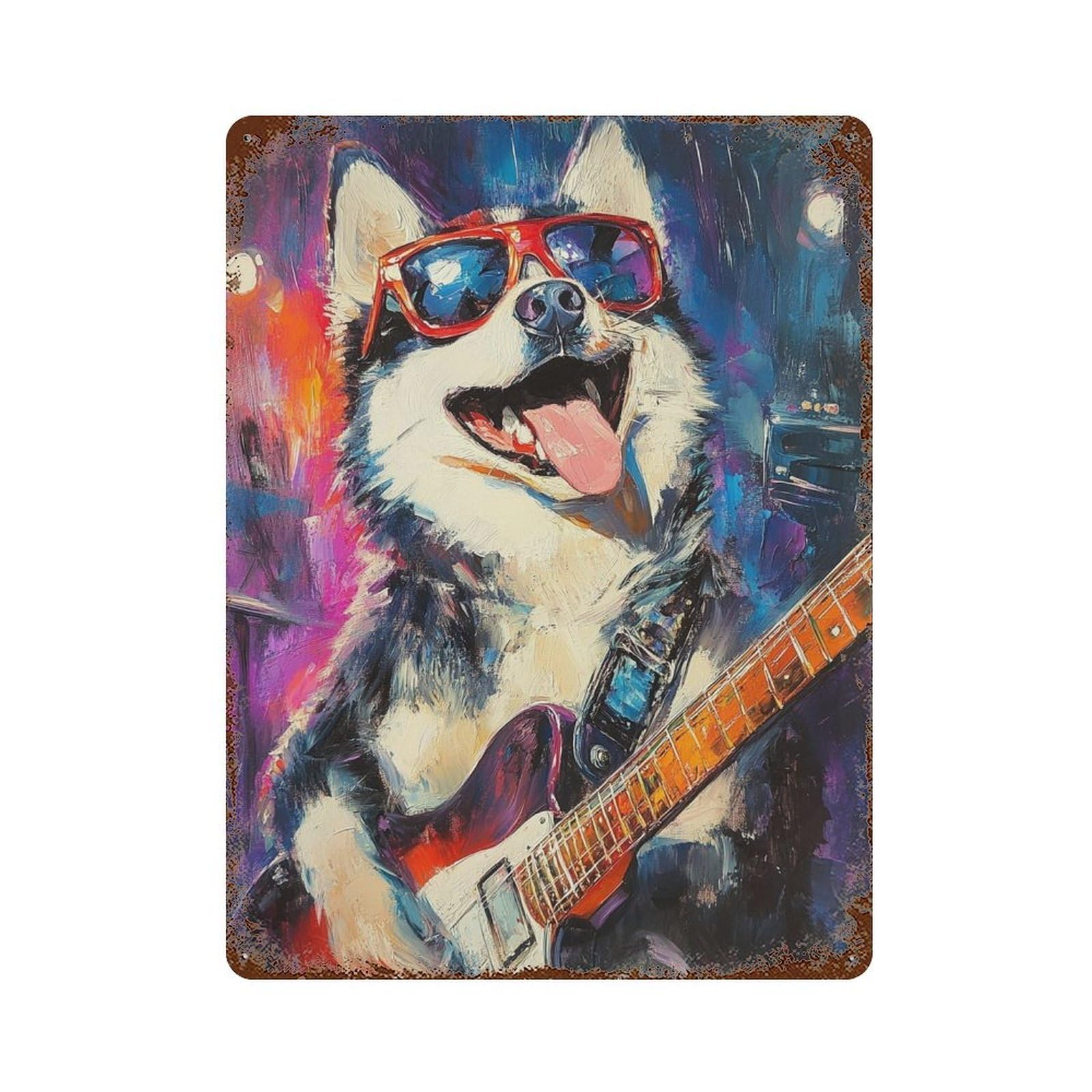 Rustic Tin Plaque with Rock Star Husky Guitar Design 15.7"x11.8", for Pub, Kitchen And Man Cave Decor, Old School Wall Decor