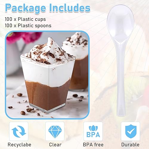 Miniatura 3 de Cptoion Paquete de 100 tazas de postre de 5 onzas con cucharas, tazas de postre de plástico, tazas de parfait cuadradas transparentes, mini tazas de