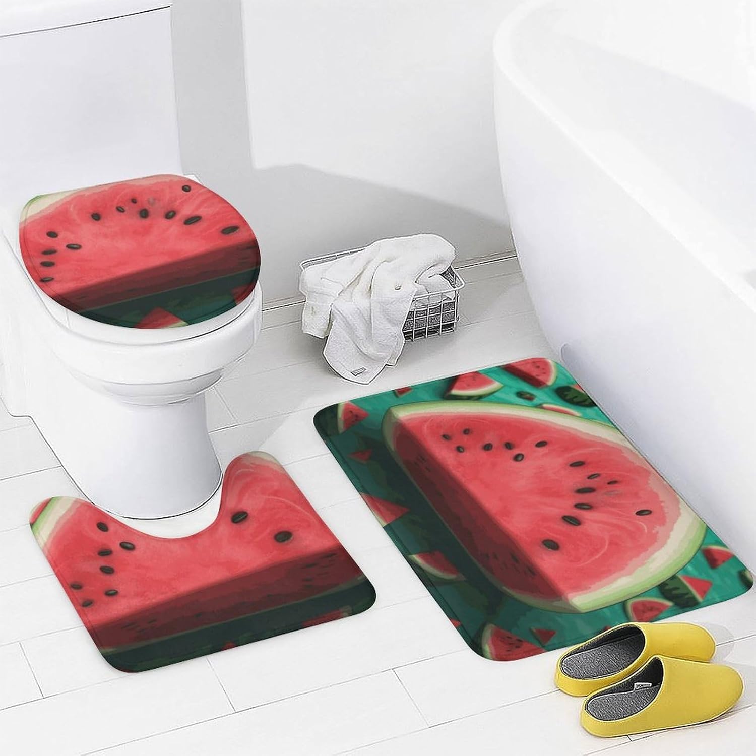 4 Piece Bathroom Rug Set with Shower Curtain, Non-Slip Bath Mat Toilet Cover Set, Dream Watermelon Bathroom Rug Sets