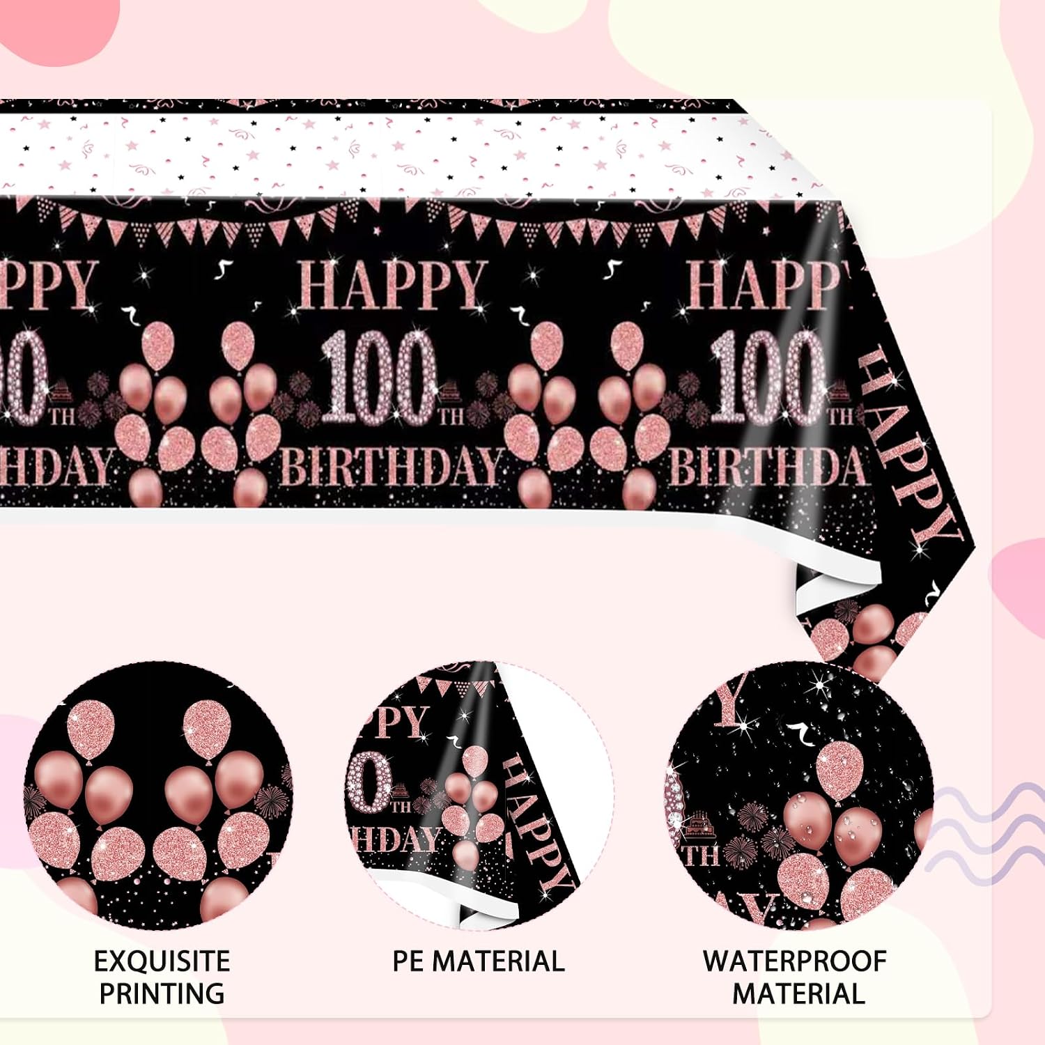 3 PCS Happy 100th Birthday Tablecloth for Women Black and Rose Gold Theme Decorations Plastic Disposable Table Decorations for Women Anniversary Celebration Party Supplies image 3