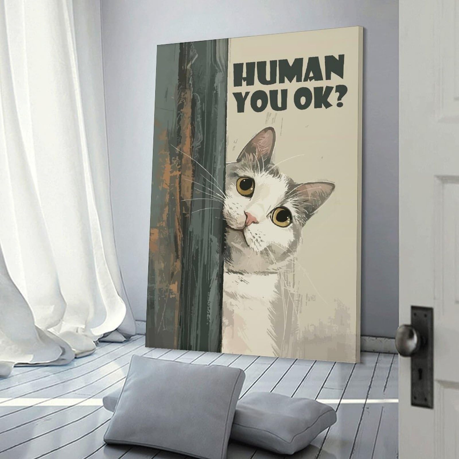 Junmoney Frame-Style-19 Canvas Wall Art Curious Cat Asks Human You Ok, 20X30inch(50X75cm), For Living Room, Bedroom, Office Or Hallway, Decorative Artwork With Broad Appeal