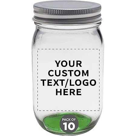 Custom Mason Jars with Lids 16 oz. Set of 10, Personalized Bulk Pack - Glass Jars for Overnight Oats, Candies, Fruits, Pickles, Spices, Beverages - ...