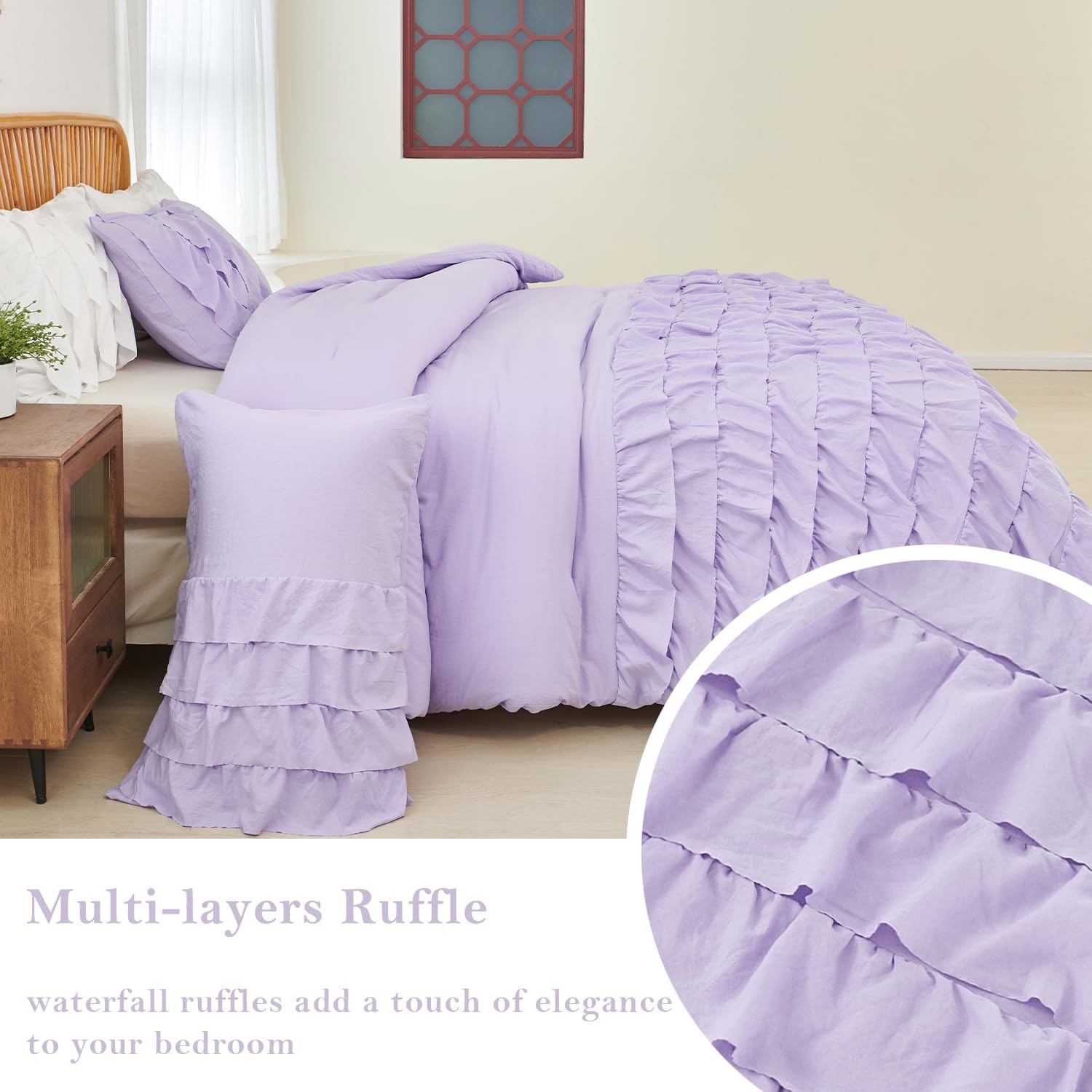 PERFEMET Lavender Ruffle Comforter Set Full Size Bedding Sets for Girls Multi Layers Ruffled Boho Bed Sets Washed Microfiber Farmhouse Princess Bedding for Kids Teens(Purple,Full) - Image 4