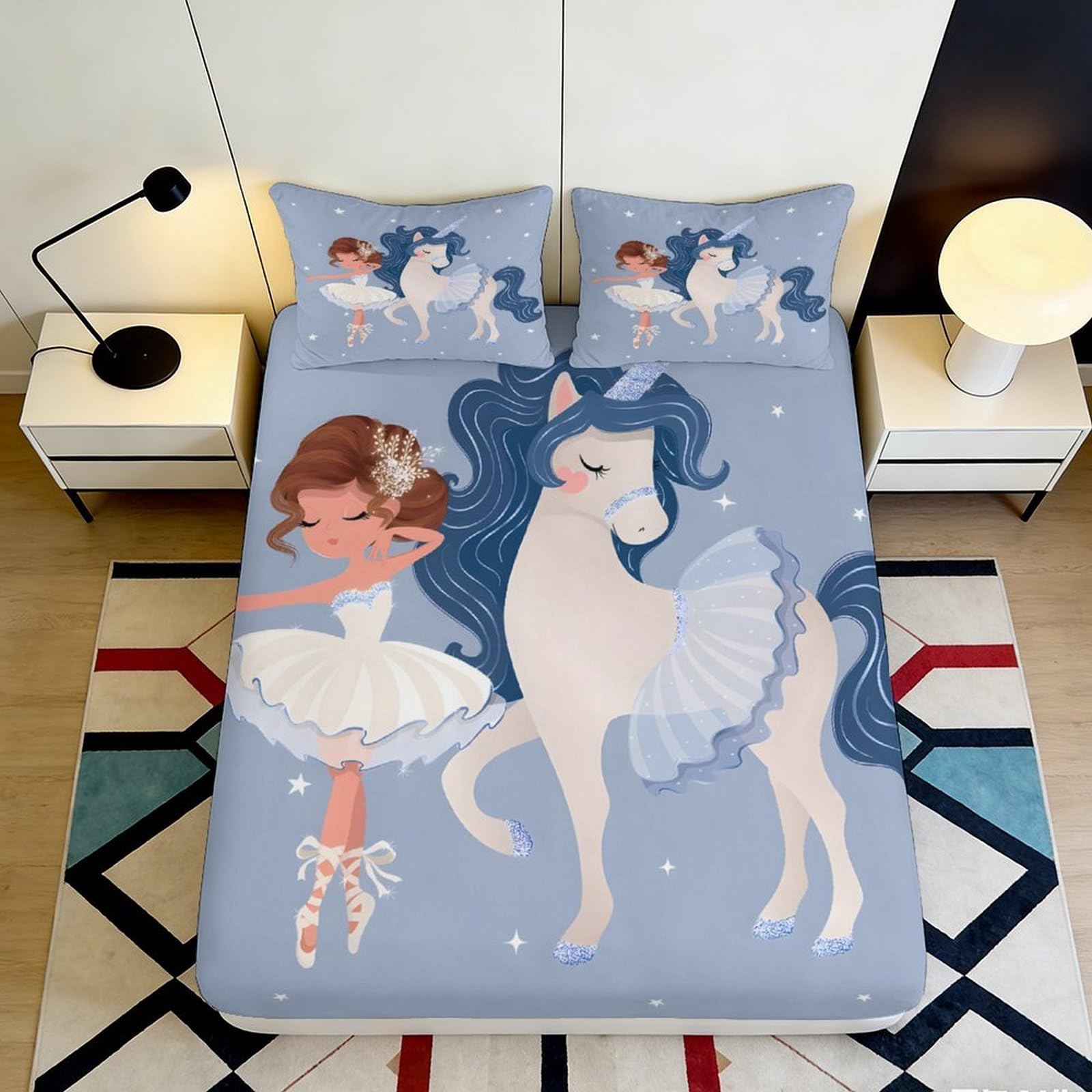 3D Printed Unicorn Ballet Fitted Sheet Microfiber Soft Breathable Fairy Tale Bed Cover for Bedroom Dormitory Guest Room Mattress Protection Decor 140x200x25cm