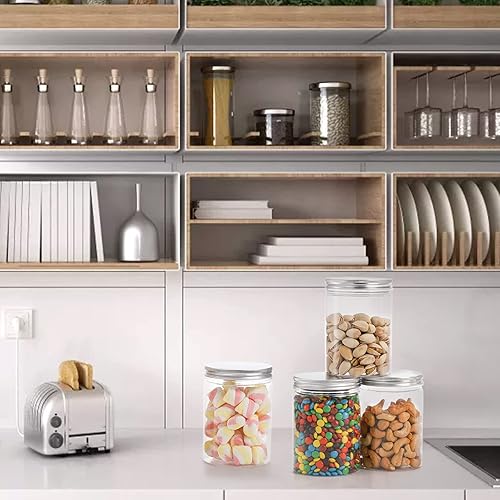 Miniatura 7 de Tebery Paquete de 16 frascos de plástico transparente con tapas acanaladas plateadas, cilindros rectos de 20 onzas, recipientes de almacenamiento