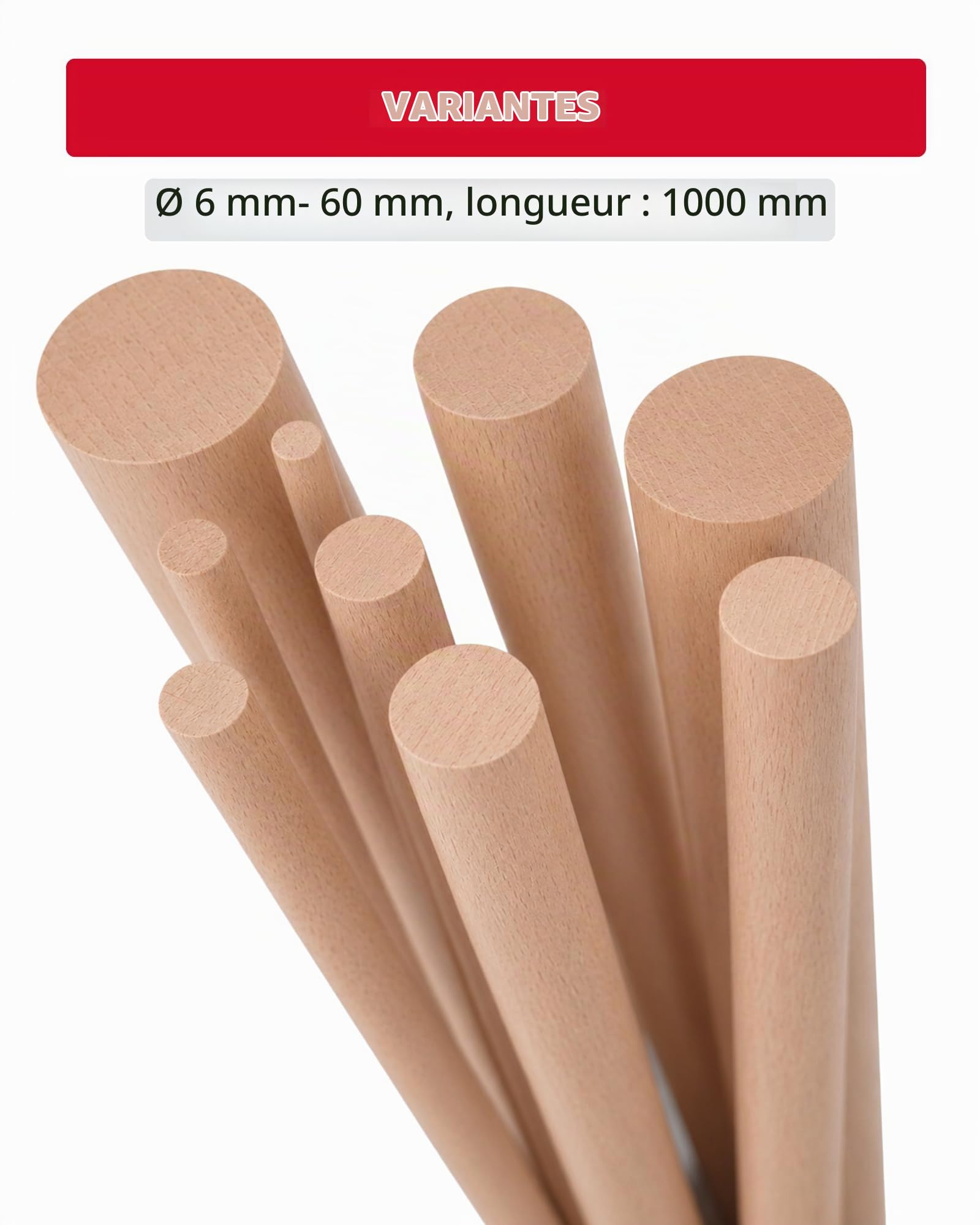 Gedotec Tige ronde en hetre lisse | tiges en bois | batons de bricolage 40 x 1000 mm | lot de 5 | tiges en hetre a bricoler | tige en bois massif | batonnets