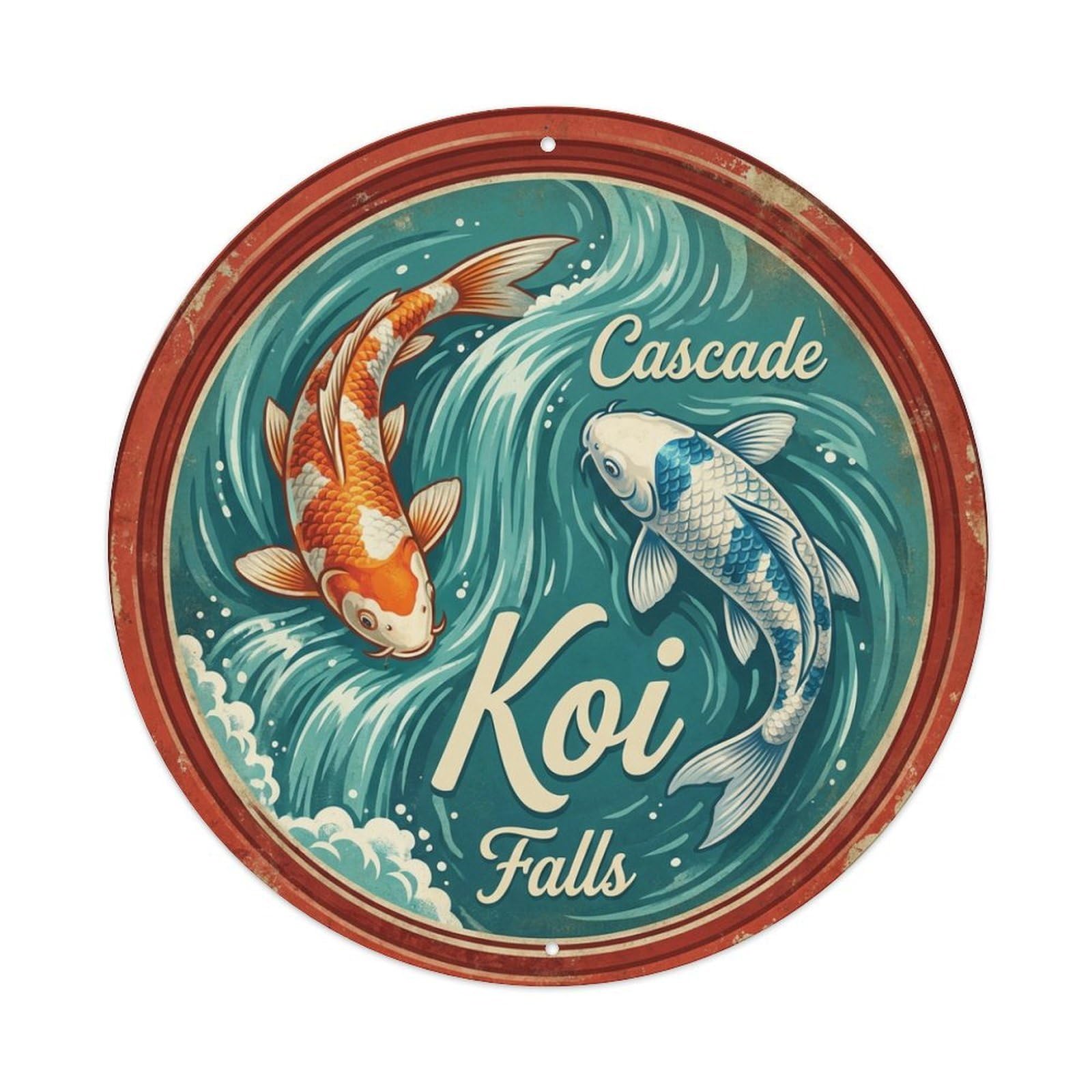 Metal Tin Sign Koi Fish Waterfall Cascade Japanese Vintage