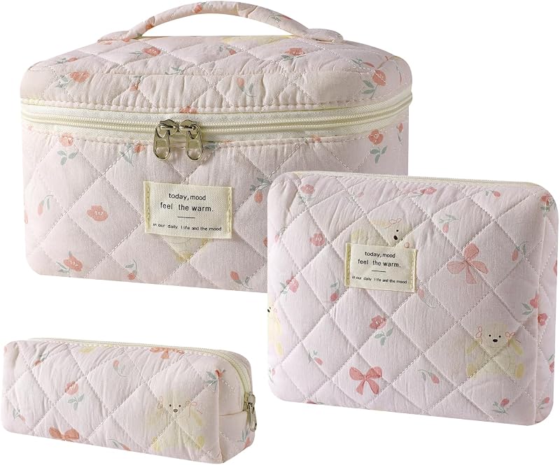 uekeboag Necessaires de Maquiagem em Algodão Matelassado com Laço, 3 Unidades