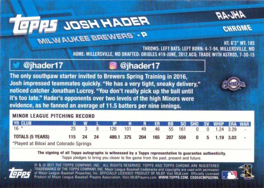 2017 Topps Chrome Baseball #RA-JHA Josh Hader Certified Autograph Rookie Card