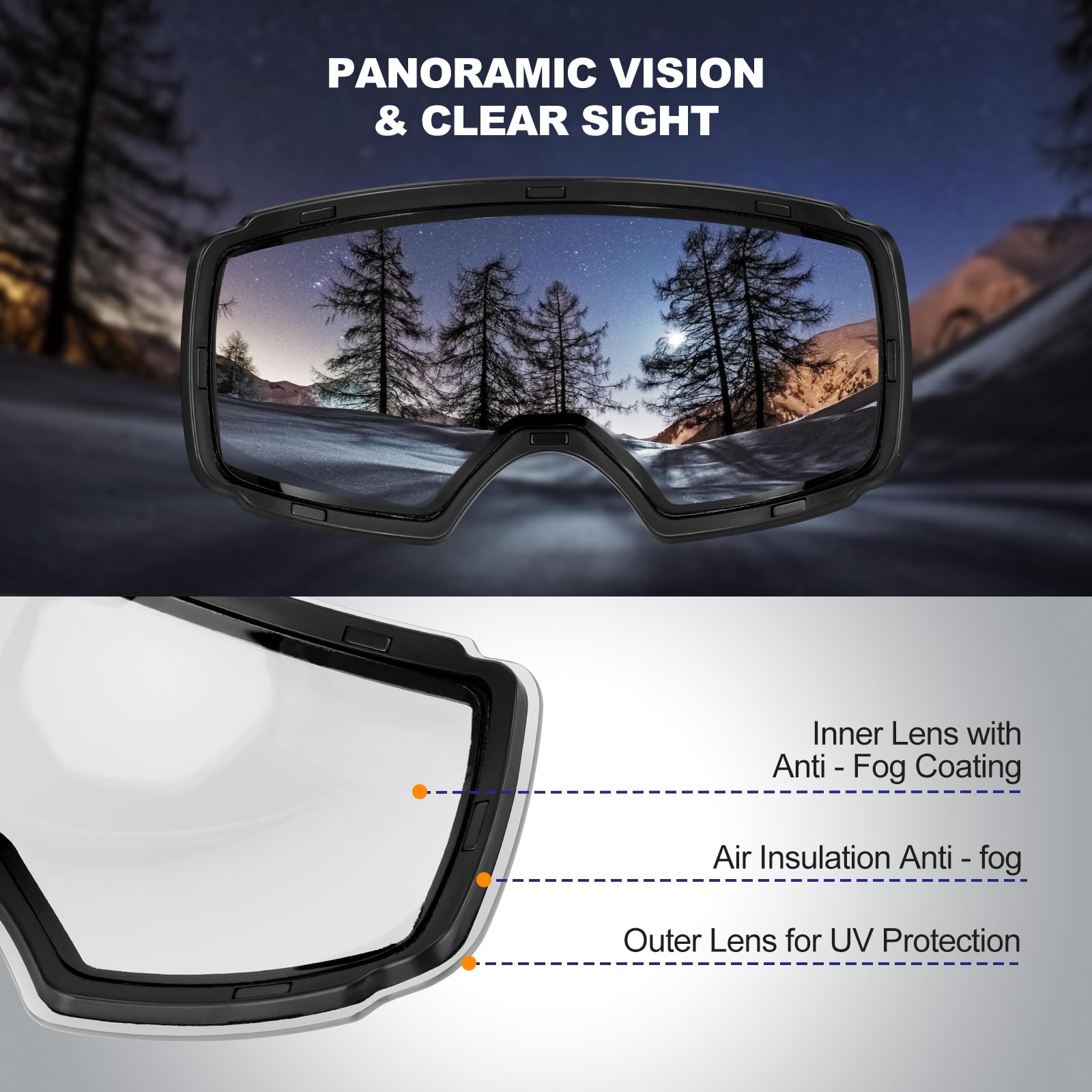 Odoland Occhiali da sci unisex per uomo e donna ragazzi occhiali da snowboard senza montatura con vetro magnetico intercambiabile protezione UV anti-nebbia occhiali da neve compatibili con casco per