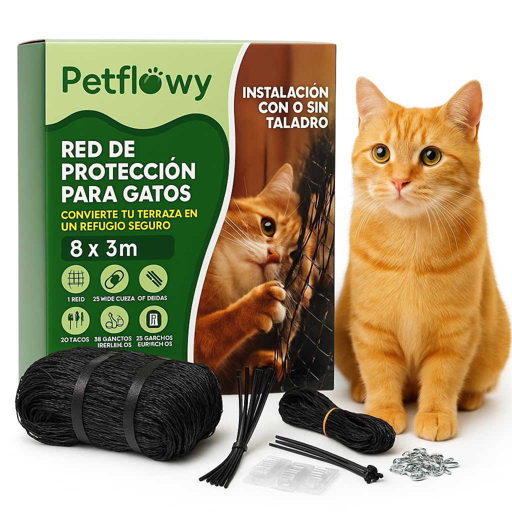 Red para Gatos Terraza Reforzada con Acero 8 x 3 m. con o SIN Taladro. Kit de Instalación Incluido Red para Gatos Ventanas y Balcones