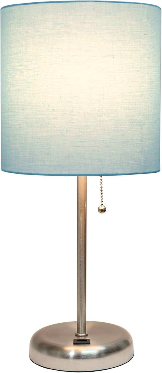 Simple Designs LT2044-AQU-LB Brushed Steel Stick Table Desk Lamp with USB Charging Port and Drum Fabric Shade for Living Room, Hallway, Nightstand, Office, Aqua Shade, with Feit LED Bulb Included