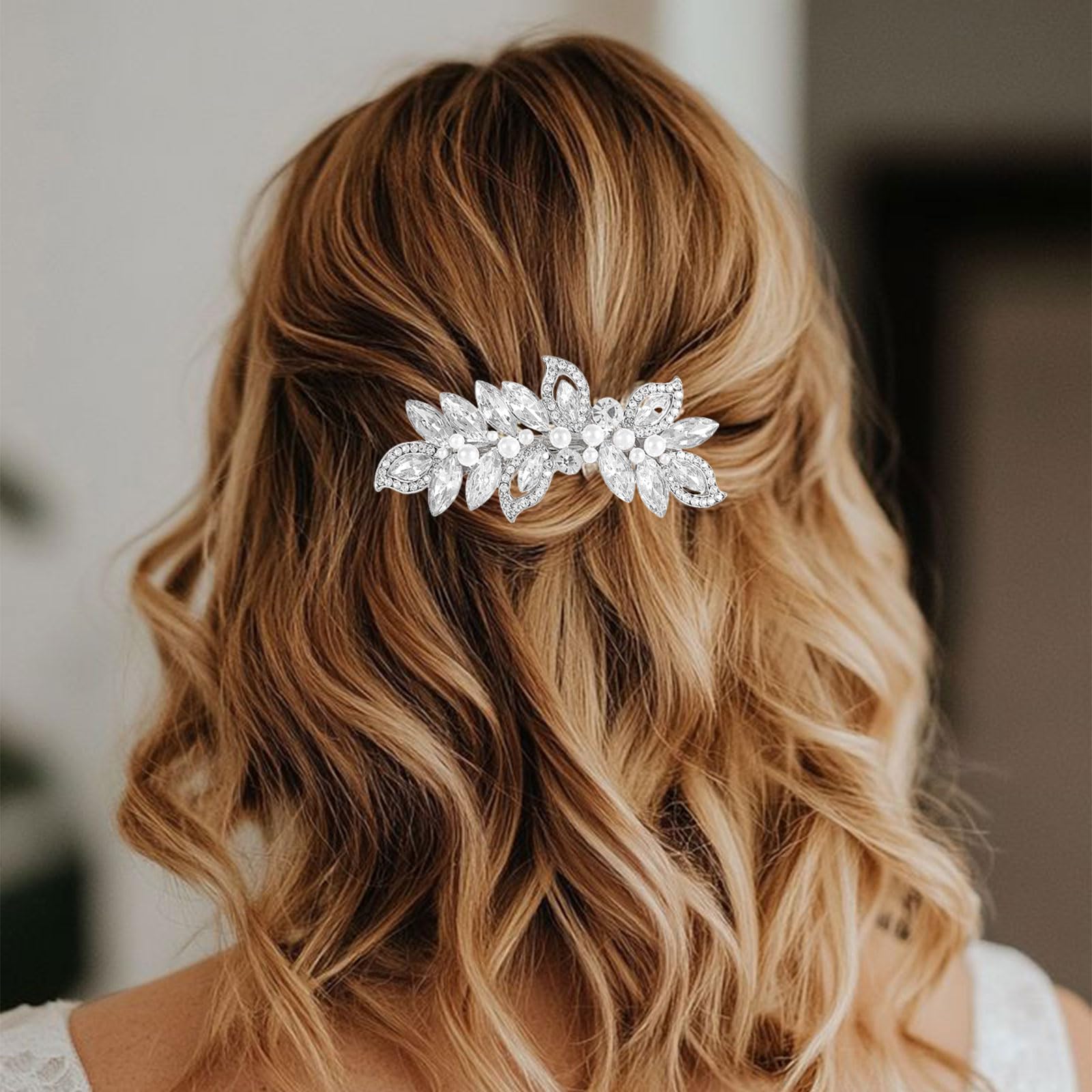LunarCharm Fermagli per capelli con perle, accessori da sposa argentati per donne, forcine scintillanti con cristalli, fermagli a forma di foglia per matrimonio, sposa, capelli lunghi