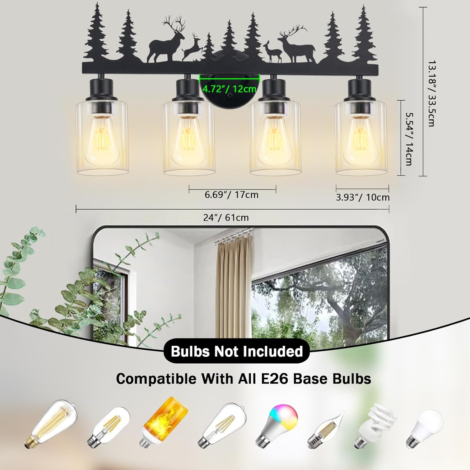 Farmhouse Rustic Deer Bathroom Light Fixtures, 4-Light Black Vanity Lights with Clear Glass Shade, Wall Lamp for Bathroom, Living Room, Hallway, Kitchen, Cabinet, Porch