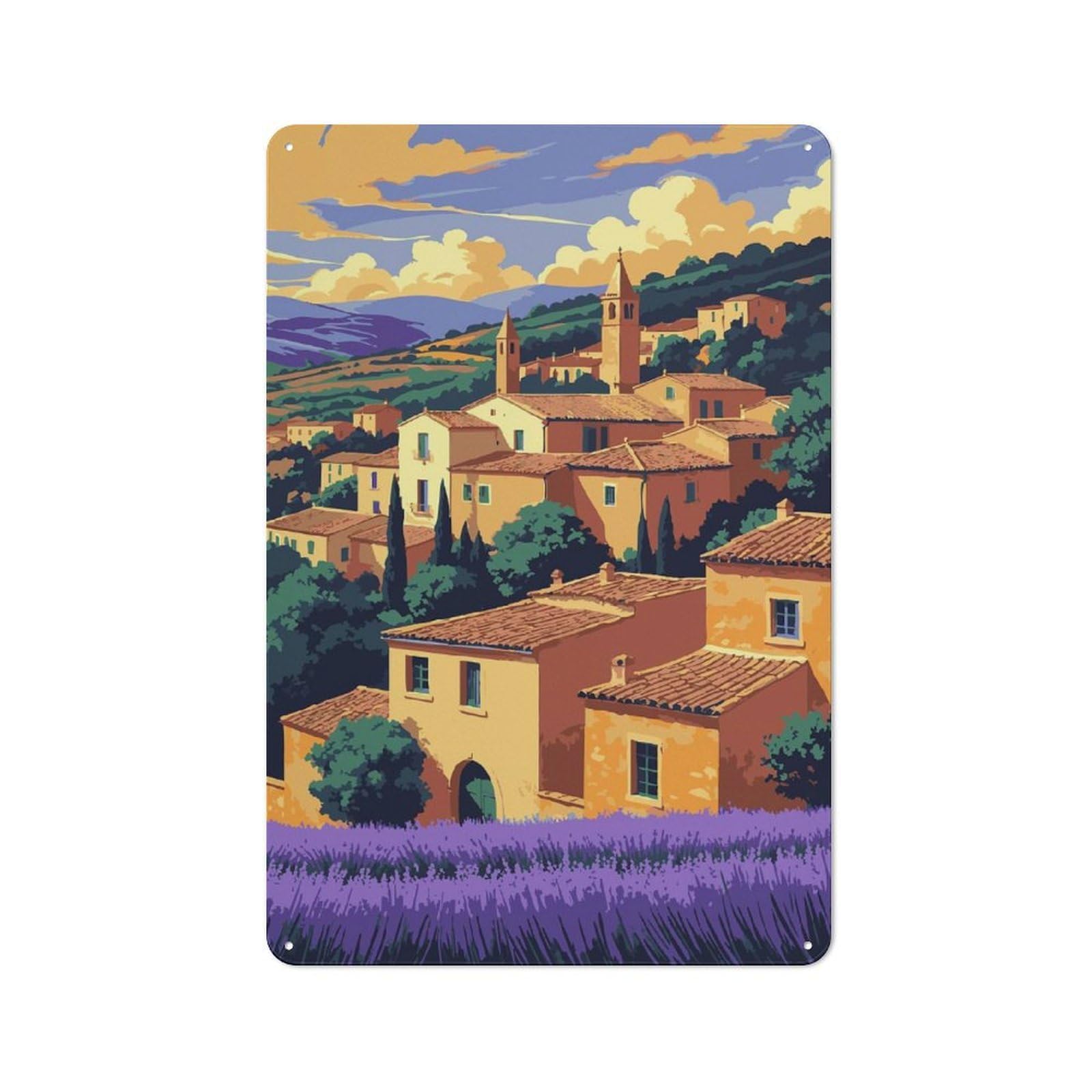 Junmoney Style-7 Picturesque Village Landscape With Lavender Field Retro Metal Sign 30X20cm For Café Or Restaurant, Gift For Restaurant Decor Fans During The Christmas Season