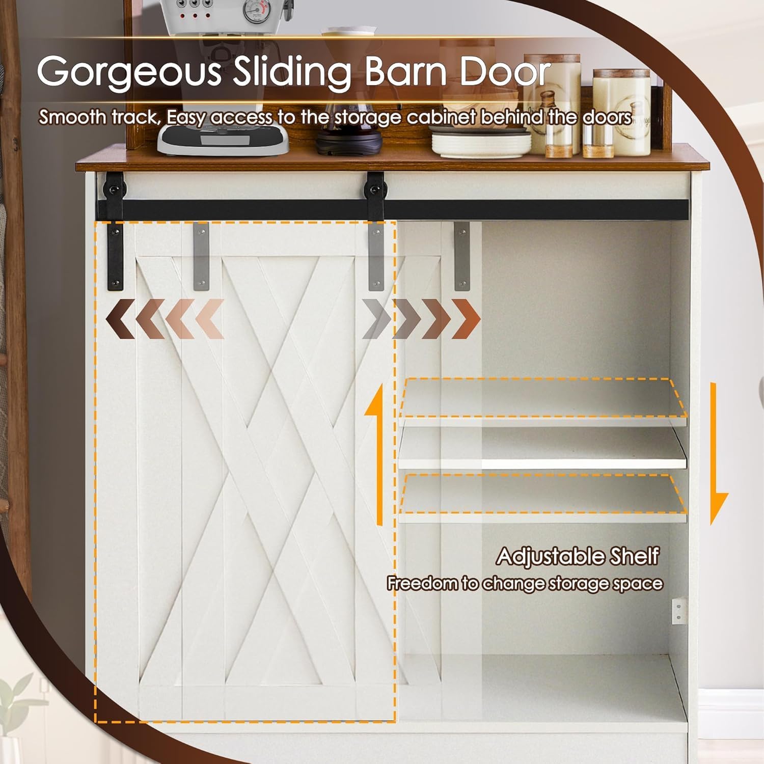 TITIMO Farmhouse Coffee Bar Cabinet with Storage, 50 Inch Buffet Cabinet with Hutch, Customizable Storage with Barn Door Style, Coffee Bar Table with 6 Hooks for Living Dining Room, White
